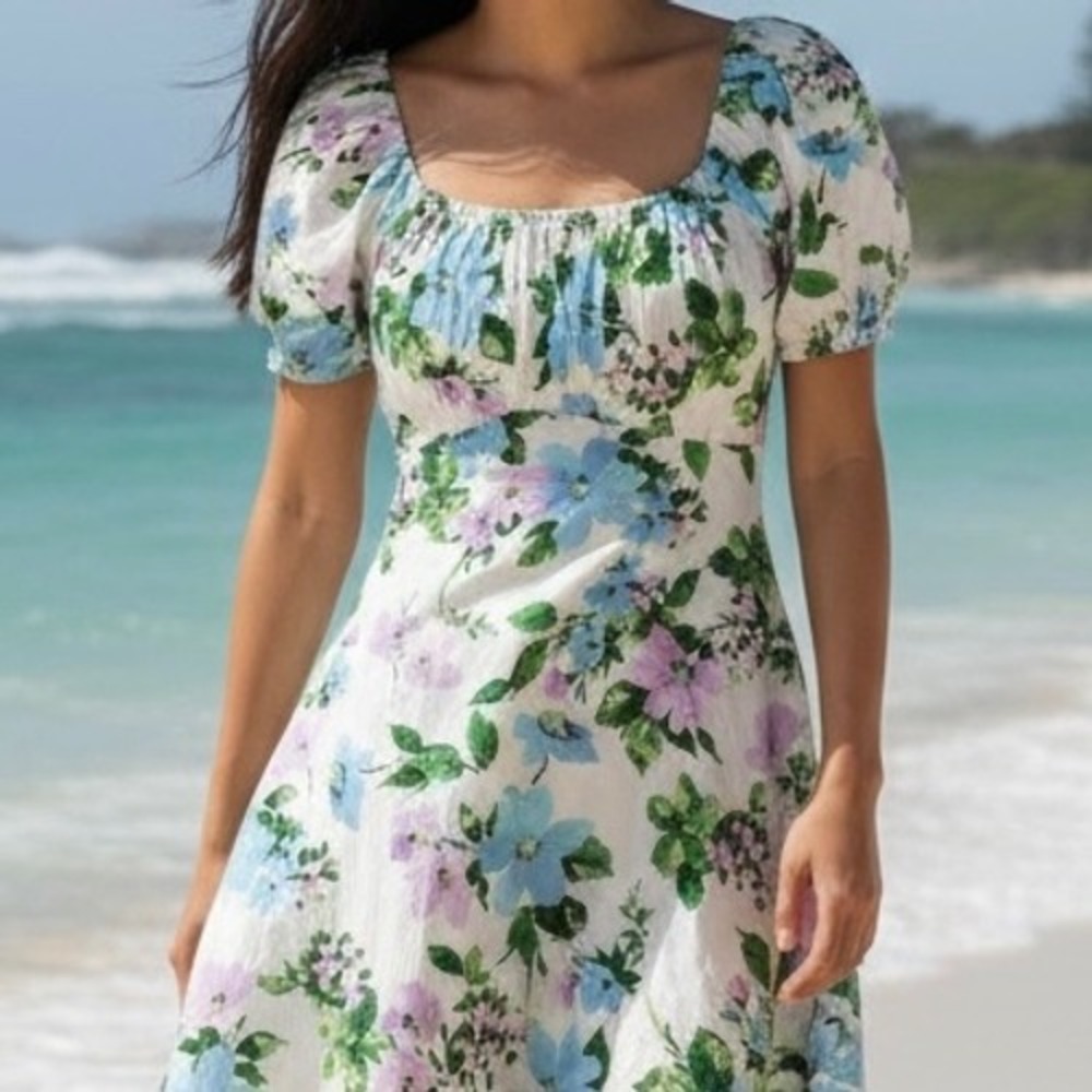 Old Navy Midi Dress Blue Green Womens Floral Cotton Smocked Cottagecore Boho Med
